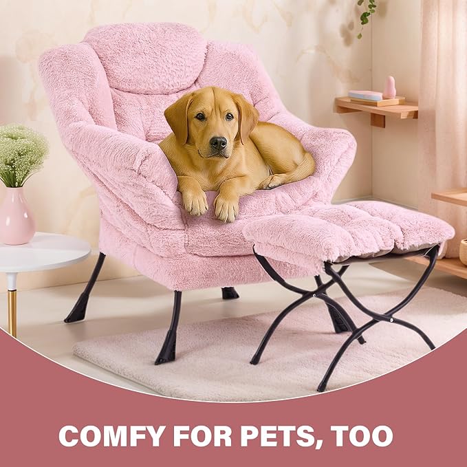 Tiita Lazy Chair with Ottoman, Pink Modern Large Accent Chair, Comfy Leisure Sofa Armchair with Ottoman, Reading Chair with Footrest for Bedroom, Living Room, Dorm Rooms, Plush Pink