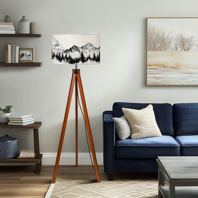 Wood Tripod Floor Lamp for Bedroom, Modern Mountain Ski Lift Sketch Pine Trees Peaks Forest Alpine Scenery Pen Reading Standing Lamp, Mid Century Night Light for Study Room Living Room Office