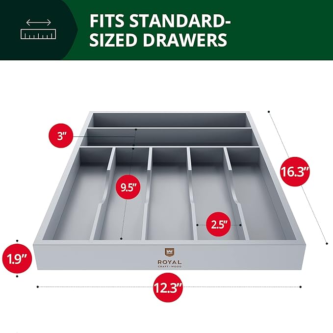 ROYAL CRAFT WOOD Luxury Bamboo Kitchen Drawer Organizer - Silverware Organizer - Utensil Holder and Cutlery Tray with Grooved Drawer Dividers for Flatware and Kitchen Utensils (7 Slot, Gray)