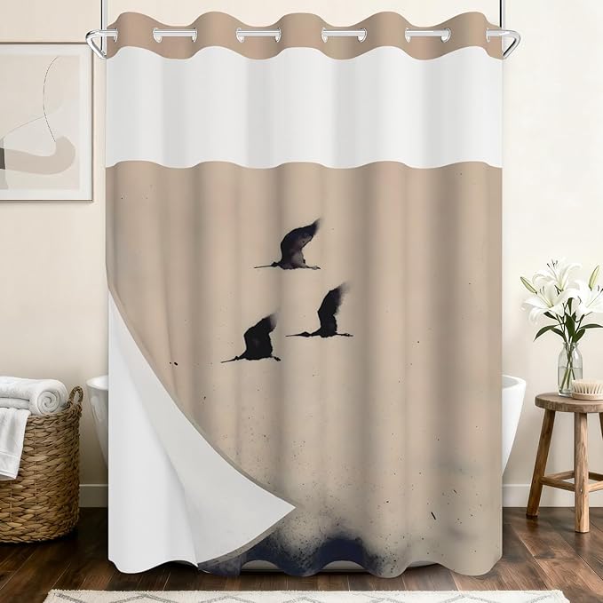 No Hook Shower Curtain with Snap in Liner - Ink Wash Art Flying Bird Crane Print, Waterproof Fabric Bath Curtain with See Through Top for Modern Zen Japanese Bathroom Decor, 71x74 Inch