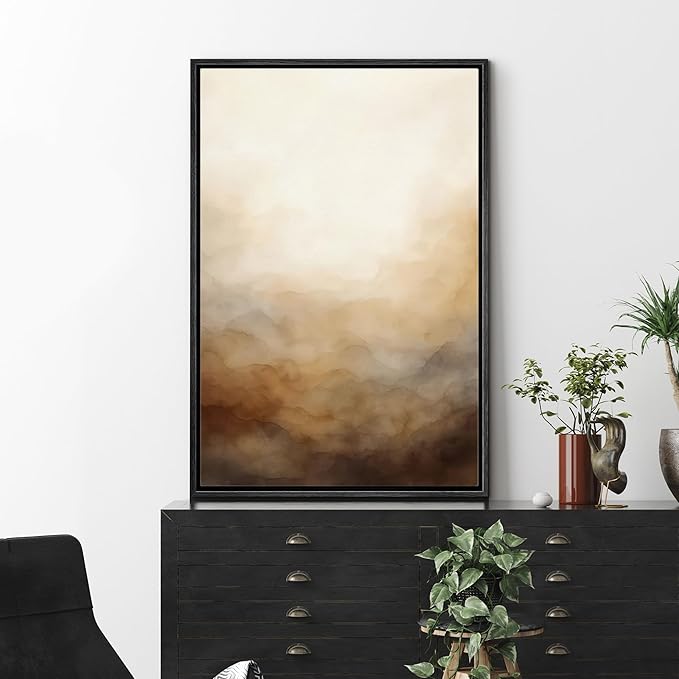 MUDECOR Framed Canvas Print Wall Art Warm Beige Misty Landscape Abstract Serene Gradient Illustrations Fine Art Decorative Zen Multicolor Country/Farmhouse Retro for Bedroom - 24"x36" BLACK
