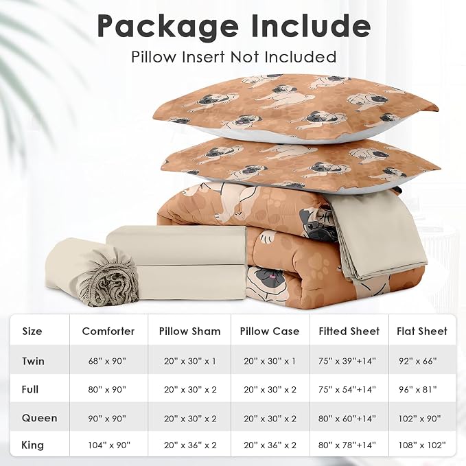 7Pcs Comforter Set Full Size, Cute Brown Pug Dog Lover, Bedding Decor Happy Puppy Animal Paws Gift Bedroom Bed Set with Flat Sheet Fitted Sheet Pillowcases Shams for Kids and Adults