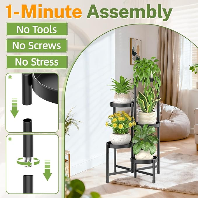 iDavosic.ly Plant Stand Indoor Outdoor, 5 Tier Corner Metal Flower Display Holder Shelf, Folding Tall Orchid Rack for Patio Balcony Porch Garden Living Room House, Black