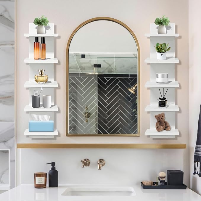 2 PCS 5 Tier Shelves for Wall, Decorative Wall Mounted Vertical Shelving Column Decor Mount Floating Storage Organizer Natural Finish Wall Shelf for Living Room, Bedroom, Bathroom