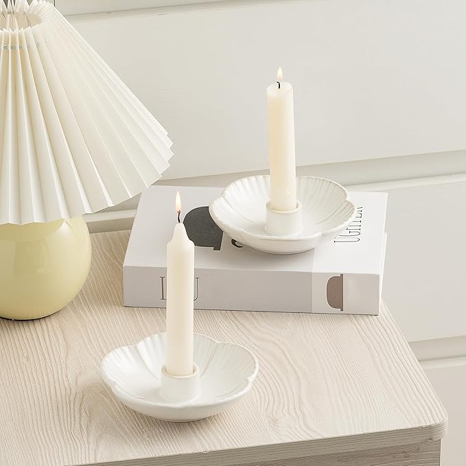 Ceramic Candlestick Holder， Candle Holder for Taper Candles,Incense, Santo Palo, Halloween Christmas Wedding Parties, Dining Room Home Decoration Display - White