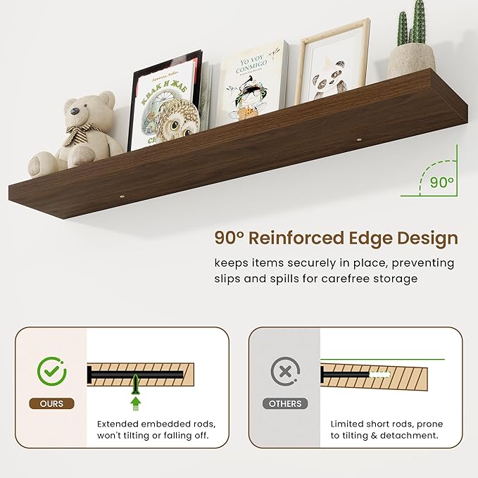 55in Floating Shelves for Wall, 55"W x 9.25"D x 1.5"H, Long Wall Mounted Engineered Wood Shelves with Invisible Brackets for Living Room, Bedroom, Bathroom, Kitchen Decor and Storage, Walnut