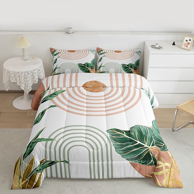 Erosebridal Pink and Green Boho Comforter Set King Aesthetic Mid Century Bedding Set for Kids Boys Girls Simple Line Botanical Leaf Art Comforter Modern Minimalist Tropical Quilt Duvet