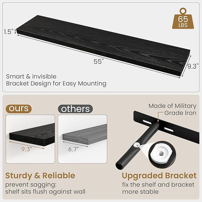 Fun Memories 55 Inch Floating Shelves in Black, 9.3 Inch Deep Floating Shelf for Bathroom Living Room Kitchen, Rusitc Wall Mounted Bathroom Shelves 1 Pack, Heavy-Duty Deep Shelf for Books Decor