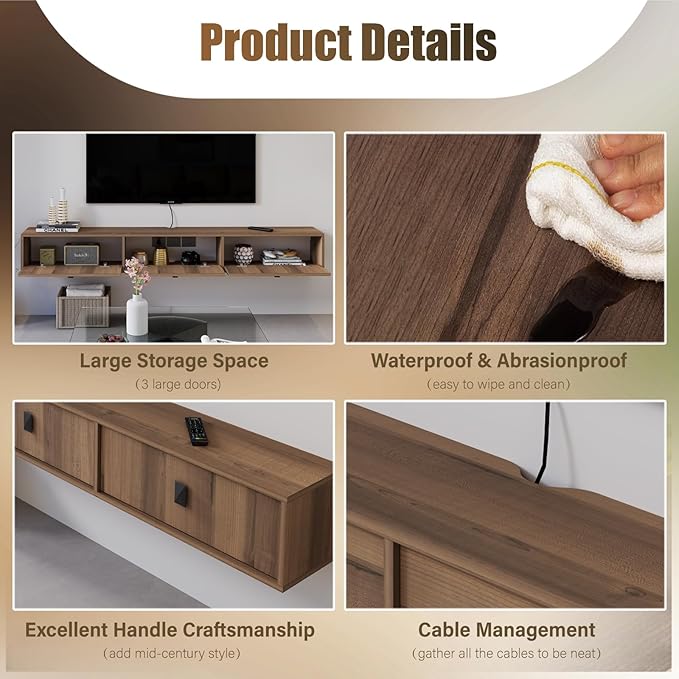 Solid Wood Floating TV Shelf, 63'' Wall Mounted TV Cabinet, Floating Shelves with 3 Doors, Wooden Mid-Century Entertainment Media Console Center Large Storage Under TV (Walnut)