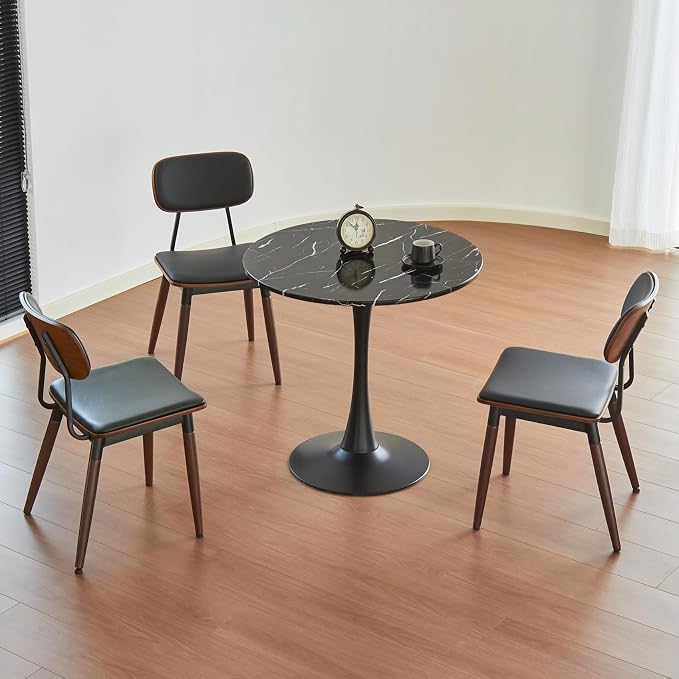 Round Dining Table, 24" Circle Tulip Table with Thickened Tabletop & Metal Pedestal, Mid Century Modern Bistro Table for Kitchen, Small Places, Living Room, Cafe (Marble Pattern Black)