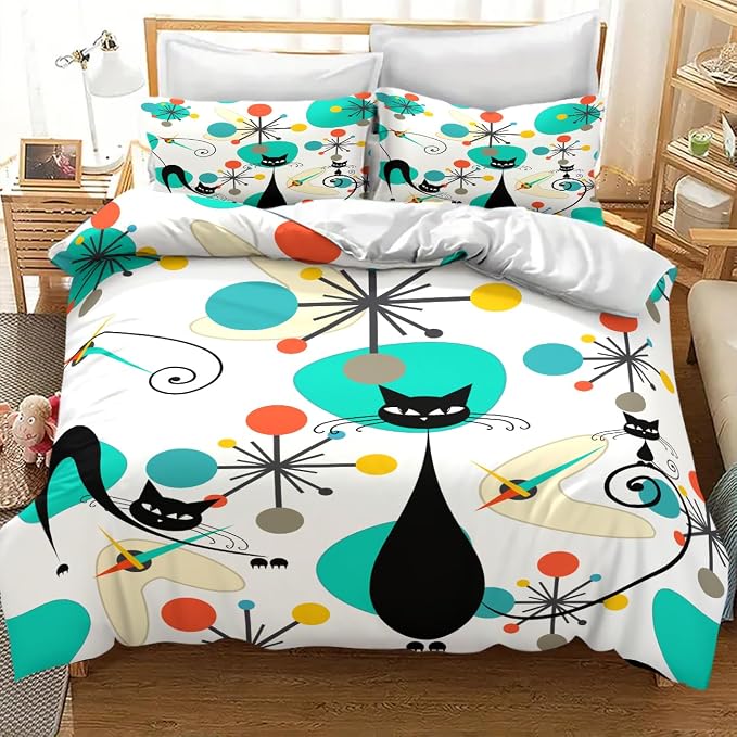 Mid Century Cat Bedding Set,Retro Black Cat Atomic Diamond Star Abstract Geometric Minimalist Simple Modern Comforter Set with Pillowcase for Bedroom Bed Decor,King 102"x90"