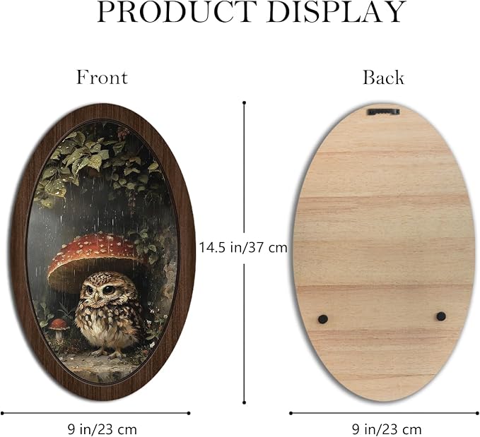 UYIKG Vintage Owl Wall Art Decor,Cute Owl Mushroom Oval Wall Decor,Rustic Cottagecore Animal Botanical Oval Wooden Framed Decorations for Nursery Kids Room Bedroom Living Room 9x14.6 in