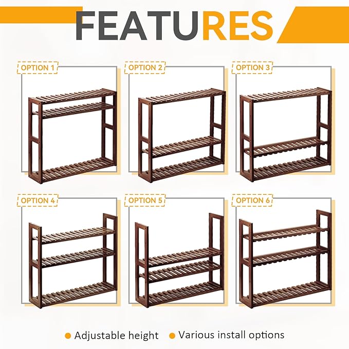 Wood Bathroom Shelf, 3-Tier Adjustable Shoes Rack&Plants Rack, Wall-Mounted or Stand for Living Room (Walnut)