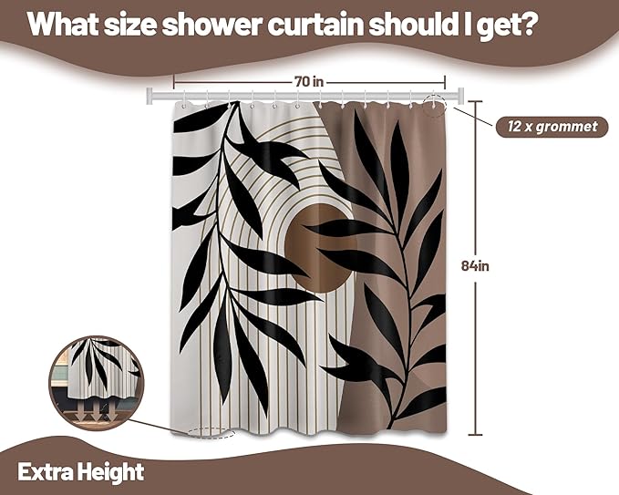 Boho Brown Shower Curtain Mid Century Dark Brown Shower Curtains for Bathroom Decor, Black and Tan Waterproof Cloth Fabric with Hooks, 70" W x 84" L