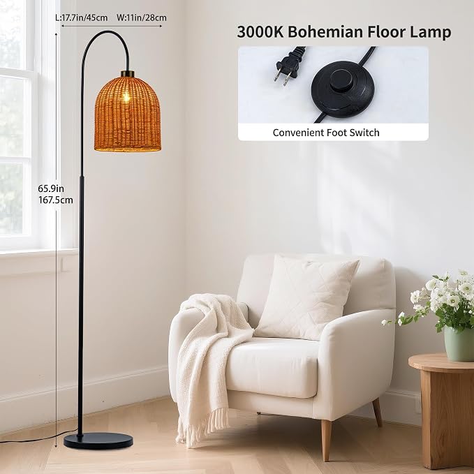 MAYNA 66" Arc Rattan Floor Lamp, Black Boho Standing Lamp with Hand-Woven Wicker Shade, Tall Curved Overarching Reading Light with Foot Switch for Living Room, Bedroom, Coastal Rustic Decor