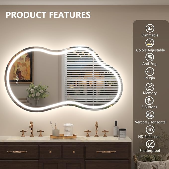 60x32 Inch Irregular Cloud LED Bathroom Mirror with Lights, Asymmetrical Lighted Vanity Mirror for Wall, Anti-Fog, Dimmable, Memory, 3 Colors (Horizontal/Vertical)