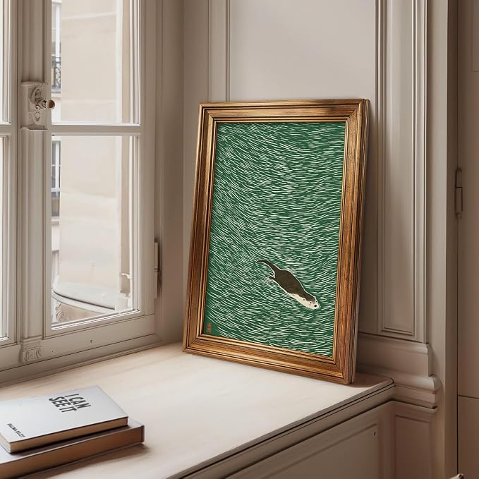 Gold Framed Japanese Otter Swimming Poster Funny Nature Wild Animal Pictures Retro Minimal Green Water Canvas Wall Art for Living Room Bedroom Bathroom 16x20 inch