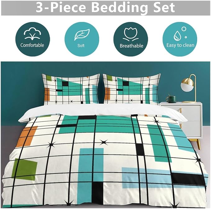 Mid Century Duvet Cover Sets Aesthetic Abstract Geometric Mid Century Retro Printed Lightweight Soft Quilt Cover Minimalist Soft Microfiber 3 Piece (1 Duvet Cover 90x102in + 2 Pillow Sham 20x30in)