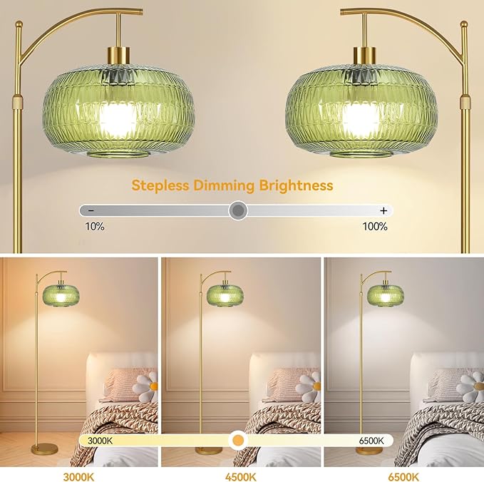 Glass Floor Lamp for Living Room,Bedroom,Gold Mid Century Modern Standing Lamp with Remote,Dimmable Brass Tall Lamp Vintage Retro Green Arc Flower Floor Light Boho Bohemian