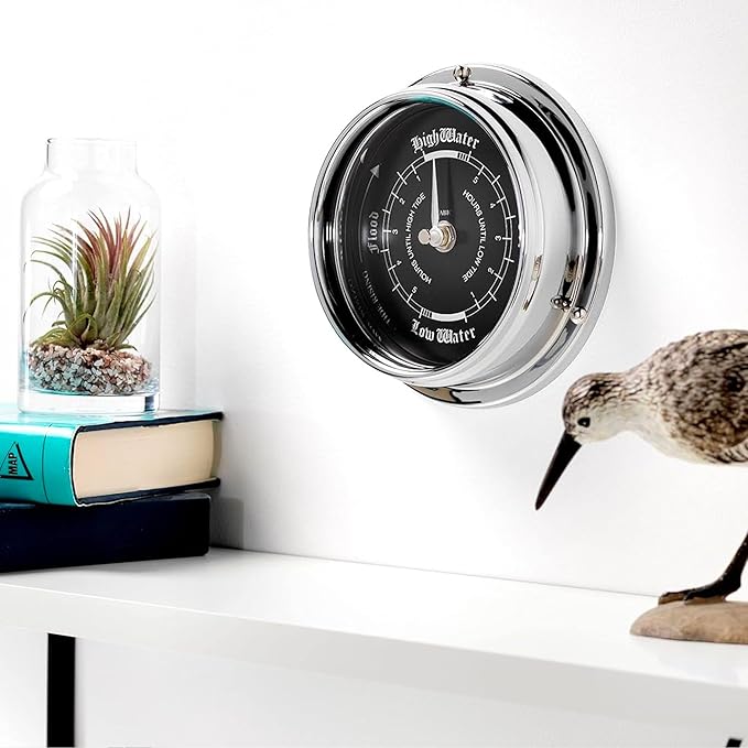 Prestige Tide Clock in Chrome with Jet Black Dial, Traditional Marine Tide Wall Clock, Ocean-Themed Nautical Clock for Beach Enthusiasts - Heavy Chrome Plated, Handcrafted in England