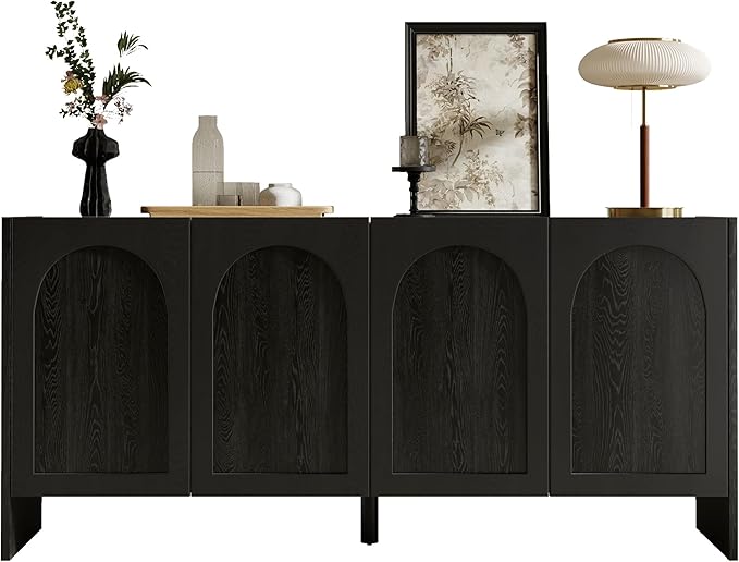 63" Sideboard Buffet Cabinet with Storage, 4 Door Solid Wood Veneer Sideboard Modern Arched Accent Cabinet with Adjustable Shelves, Large Credenza for Living Room,Kitchen,Entryway(Black)