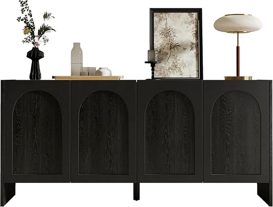63" Sideboard Buffet Cabinet with Storage, 4 Door Solid Wood Veneer Sideboard Modern Arched Accent Cabinet with Adjustable Shelves, Large Credenza for Living Room,Kitchen,Entryway(Black)