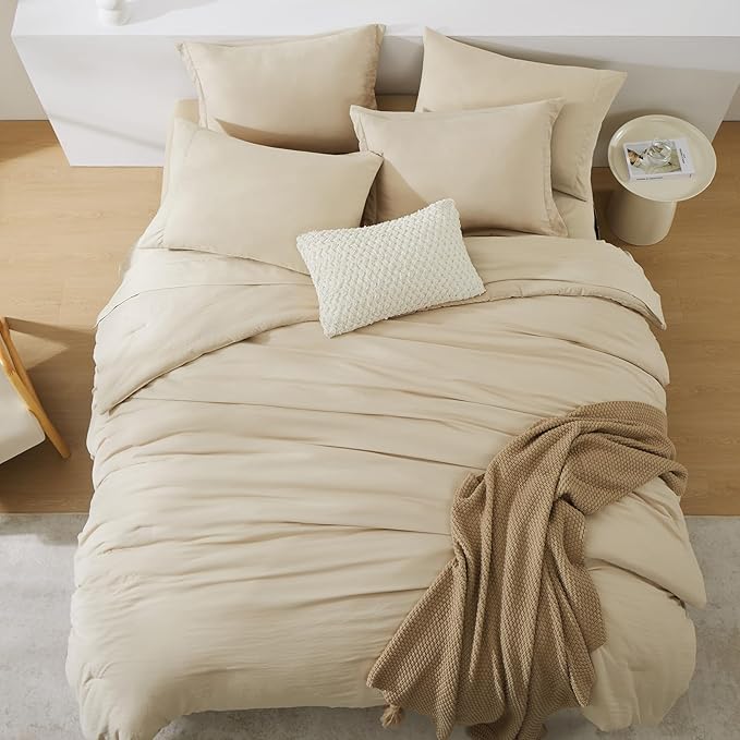 WRENSONGE California King Size Comforter Set- 7 Pieces Soft Beige Bed in a Bag California King with Fitted Sheet, Flat Sheet, 2 Pillow Shams, 2 Pillowcases, Warm Bedding Sets for All Season