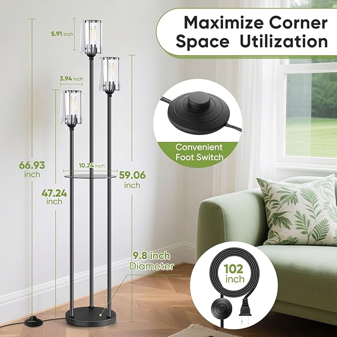 Crystal Floor Lamp for Living Room with Shelves, Industrial Modern Standing Black Lamp with Table for Bedroom, Glass Vintage Unique Tall 3-Lights Fancy Lamp with ON/Off Foot Switch Gold