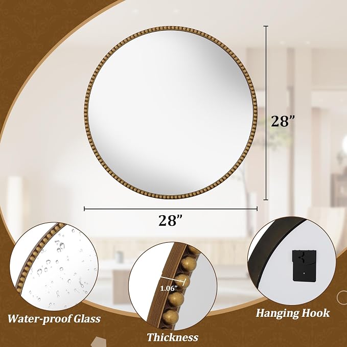 28 Inch Round Bathroom Mirror - Luxurious Retro Beaded Circle Decorative Wall Mirror with PU Frame Hanging Leaning as Art Decor for Entryway, Bedroom, Living Room, Hallway, Gold