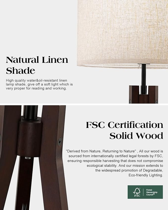 ELYONA Wood Tripod Floor Lamp for Bedroom, 3 Color Temperatures & Linen Shade, Modern Reading Standing Lamp with 9W LED Bulb, Mid Century Night Light for Farmhouse, Living Room, Office, Walnut