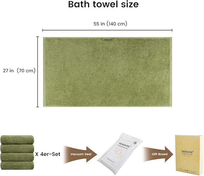 SEMAXE 4-Pack Luxury Bath Towels for Bathroom, 100% Cotton, Soft, Absorbent, and Quick-Drying, 55"x27", Green, Perfect for Hotels, Gyms, and Spas