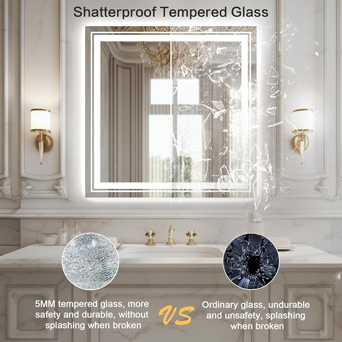 WTTY LED Bathroom Mirror 36"x36" with Backlit and Front Light,Stepless Dimmable LED Mirror for Bathroom,Anti-Fog Lighted Bathroom Vanity Mirror Modern,Memory Function,Shatter-Proof