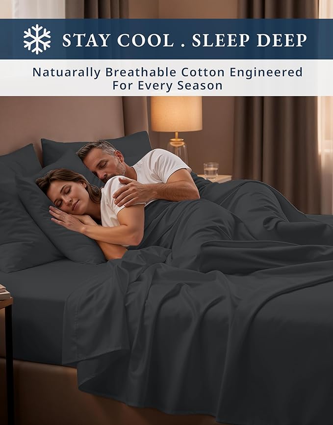 LANE LINEN 100% Egyptian Cotton Queen Sheets, Long Staple Mercerized Cotton No Pill Fade Resistant Silky Sateen Weave for Soft & Comfy Good Night Sleep, Deep Pocket Fits 15" Mattress - Moonless Night