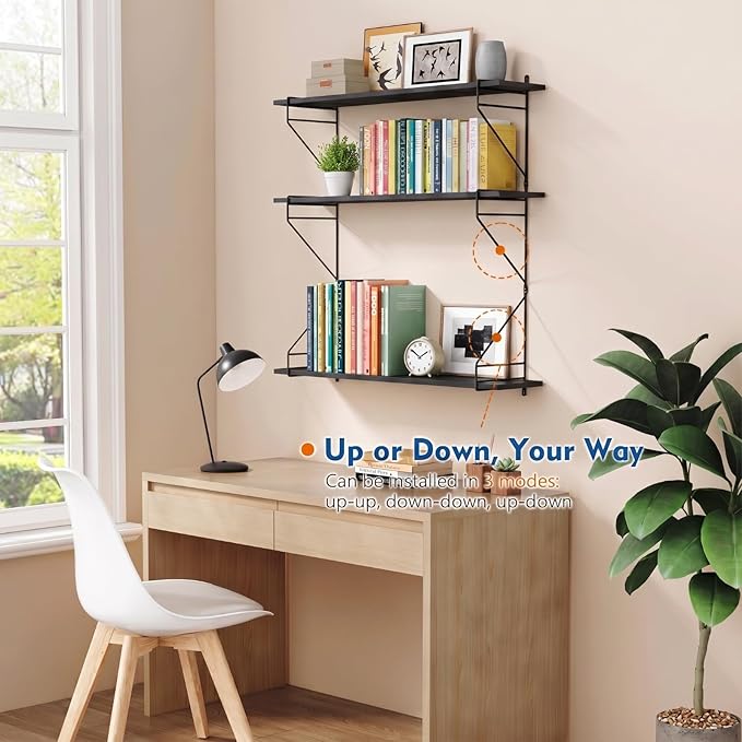 Harwaya Black Wall Mounted Bookshelf 36 Inch Long, Large Floating Book Shelves for Wall, Deep Hanging Bookshelves with High Bookend for Bedroon Living Room Office Kitchen Storage (Black)