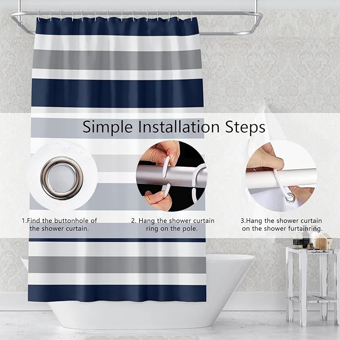 Stripes Fabric Bathroom Curtain Dark Blue Grey Modern Minimalist Shower Curtain with Hooks Polyester Waterproof Abstract Artistic Decor, 65x72 Inch