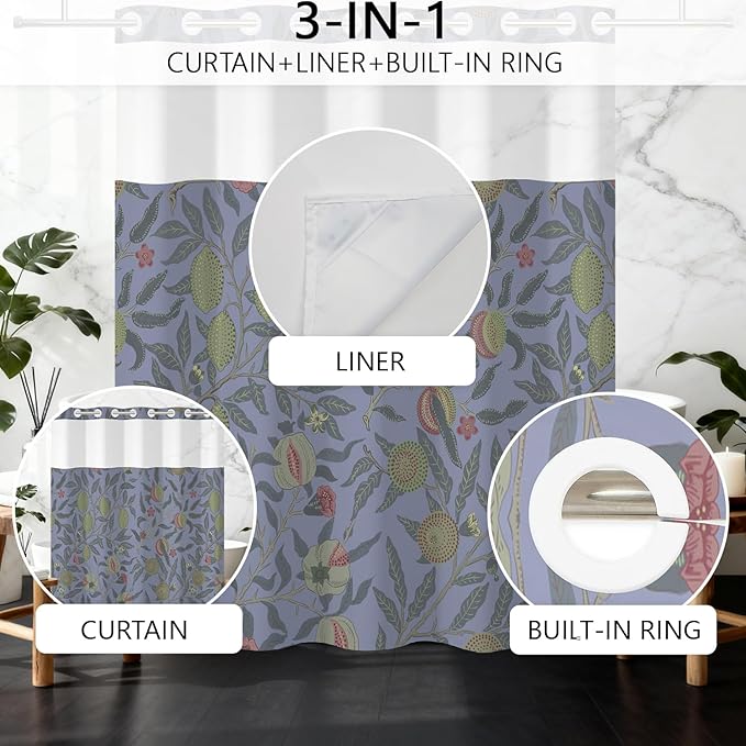 No Hook Shower Curtain with Snap in Fabric Liner - Vintage Botanical Fruit Floral Print, Waterproof Shower Curtains and Liner Set for Bathroom, 71″W × 74″H