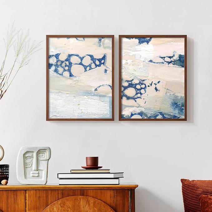 Renditions Gallery Set of 2 Peel & Stick Framed Prints, Textured Abstract Wall Art, Beach Themed Bubble Design Wall Decor, Re-Stickable - Ready to Hang - 11"x14" - Walnut Frame LT588