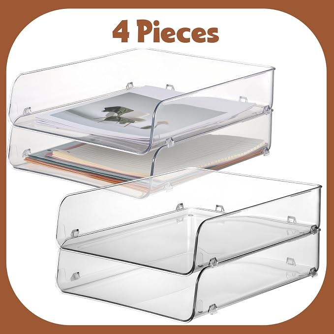 4 Pack Paper Organizer Letter Tray Plastic Stackable Desk File Organizer 12.99 x 10.43 x 2.95 Inch Clear Paper Holder File Tray for Desk Accessories Office Organization and Storage