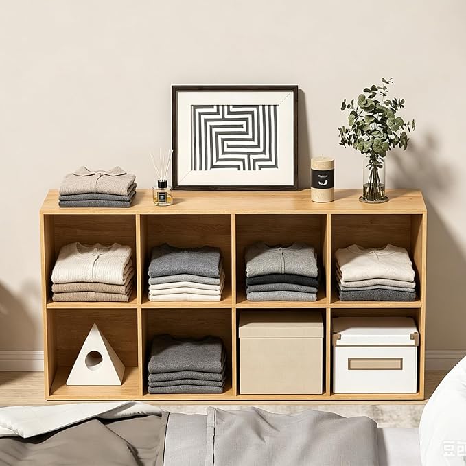 Wooden 8 Cube Storage Organizer with Closed Back Panel,Oak Cube Shelf Cubby Storage Organizer with Compartments for Living,Bookshelf, Easy to Install (Oak, 8 Cube-11in)