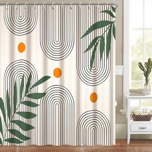 Modern Boho Shower Curtain for Bathroom Beige Abstract Minimalist Bathroom Set Decor Stripes Arch Sun Palm Leaves Chic Aesthetic Washable Waterproof Polyester Fabric with Hooks 72x78 Inch