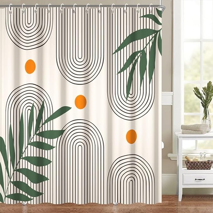 Modern Boho Shower Curtain for Bathroom Beige Abstract Minimalist Bathroom Set Decor Stripes Arch Sun Palm Leaves Chic Aesthetic Washable Waterproof Polyester Fabric with Hooks 54x72 Inch