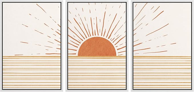 wall26 Framed Canvas Print Wall Art Set Mid-Century Ocean Sunset Sun Horizon Nature Abstract Illustrations Modern Art Bohemian Decorative for Living Room, Bedroom, Office - 24"x36"x3 White