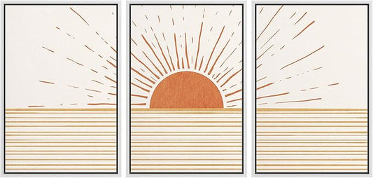 wall26 Framed Canvas Print Wall Art Set Mid-Century Ocean Sunset Sun Horizon Nature Abstract Illustrations Modern Art Bohemian Decorative for Living Room, Bedroom, Office - 24"x36"x3 White