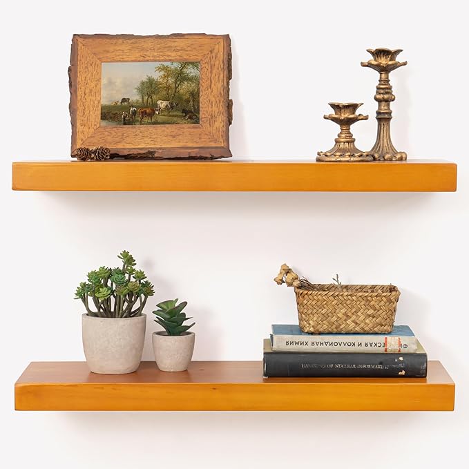 Marsmiles 24 Inch Wood Floating Shelves | Rustic Honey Oak Wall Shelves Set of 2 | 24" W x 7.7" D x 1.6" H Wooden Shelves for Bathroom Living Room Kitchen