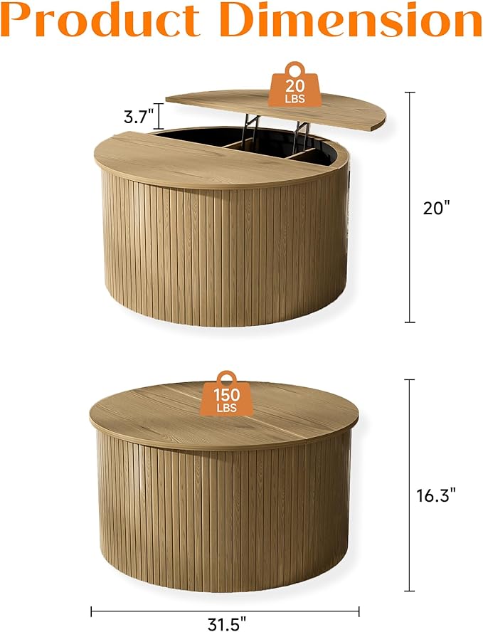 Fluted Round Coffee Table with Lifting Top, 31.5" Oak Small Circle Coffee Table with Storage for Living Room