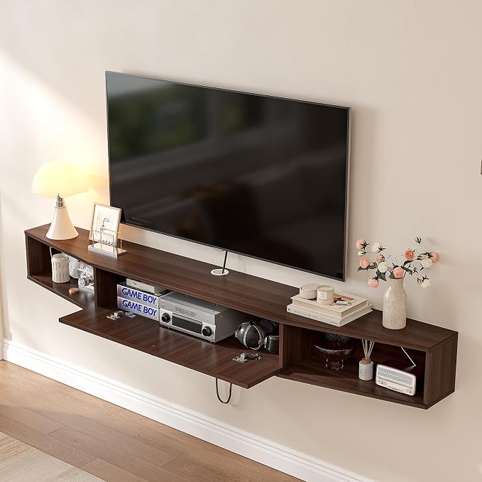 55 inch Floating TV Stand,Plywood Wall Mounted Entertainment Center with 1 Door & 2 Open Cabinets,Floating Media Console with Wire Holes,Hanging TV Shelf for Living Room, Bedroom Walnut