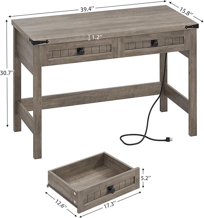 YOMILUVE Farmhouse Computer Desk with 2 Drawers, 39 Inch Small Computer Desk with Power Outlets, Home Office Desk Compact Writing Study Table for Small Spaces, Grey