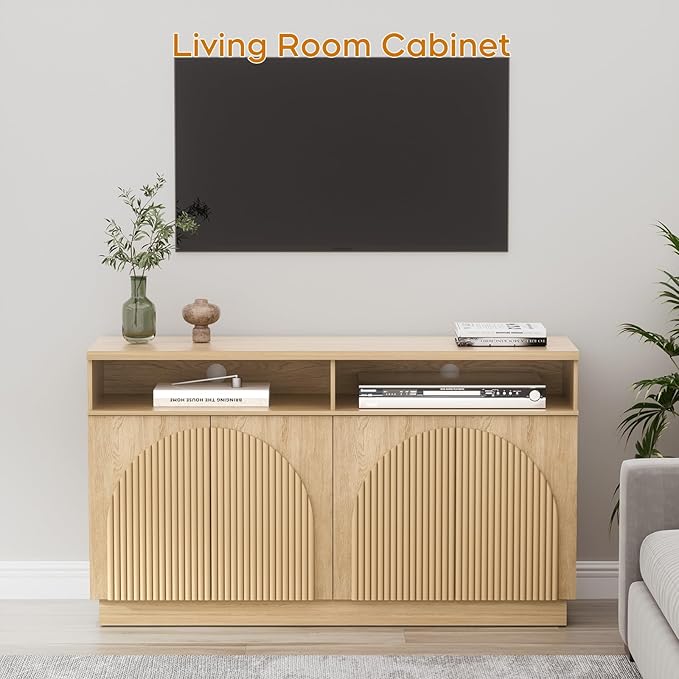 Yechen Fluted Sideboard Buffet Cabinet with Arched Reeded Doors, Mid Century Modern Credenza Storage Cabinet with Adjustable Shelves, TV Stand, for Living Room Kitchen Dinning Entryway/Natural Oak
