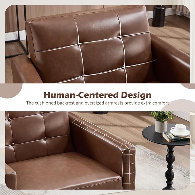 CANMOV 29" W Oversized Leather Accent Chair Set of 2, Mid Century Modern Accent Chairs, Armchair Button Back for Living Room, Modern Upholstered Bedroom Chair Cozy Armchair with Wood Legs, Brown