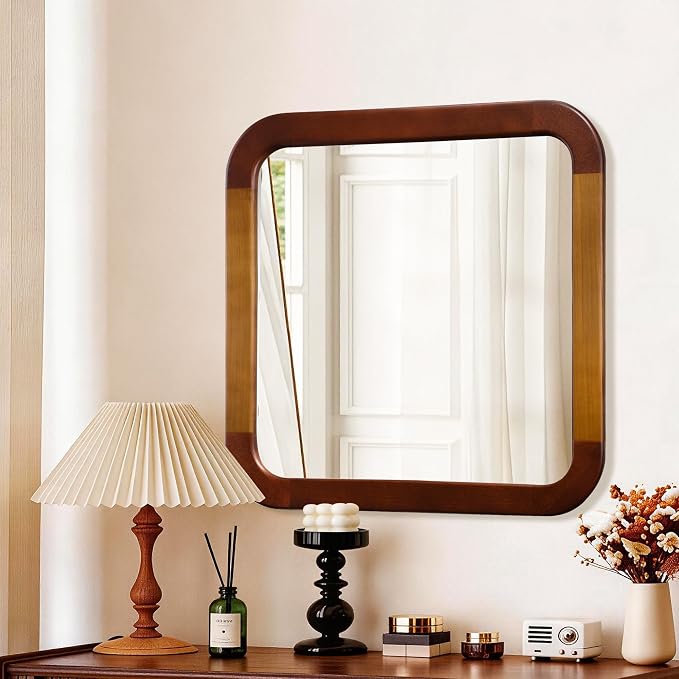 Bathroom Mirror 24 x 24 Inch,Brown Wood Rustic Rectangle Tempered Wall Mirror with Wood Frame,Round Corner Farmhouse Wooden Vanity Mirror for Living Room,Entryway or Bedroom（Walnut Brown）